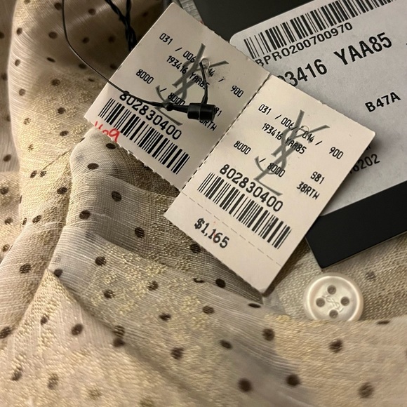 NWT YVES SAINT LAURENT rare gold dot silk blend ruched sleeve cropped blouse new - Picture 3 of 12